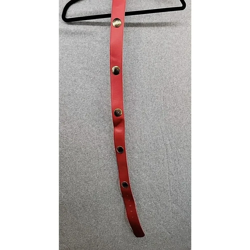 CARLISLE Vintage Leather XL Red Belt W/Hammered Gold Tone Disks Statement Buckle